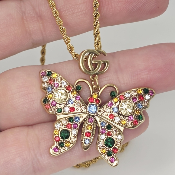 Jewelry - GUCCI Butterfly Pendant Necklace with Multicolor Crystals